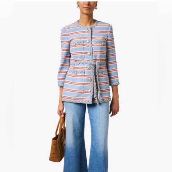 NEW Veronica Beard Striped Ginerva Belt Jacket Button Blazer, Blue/Red/White - Picture 6 of 15